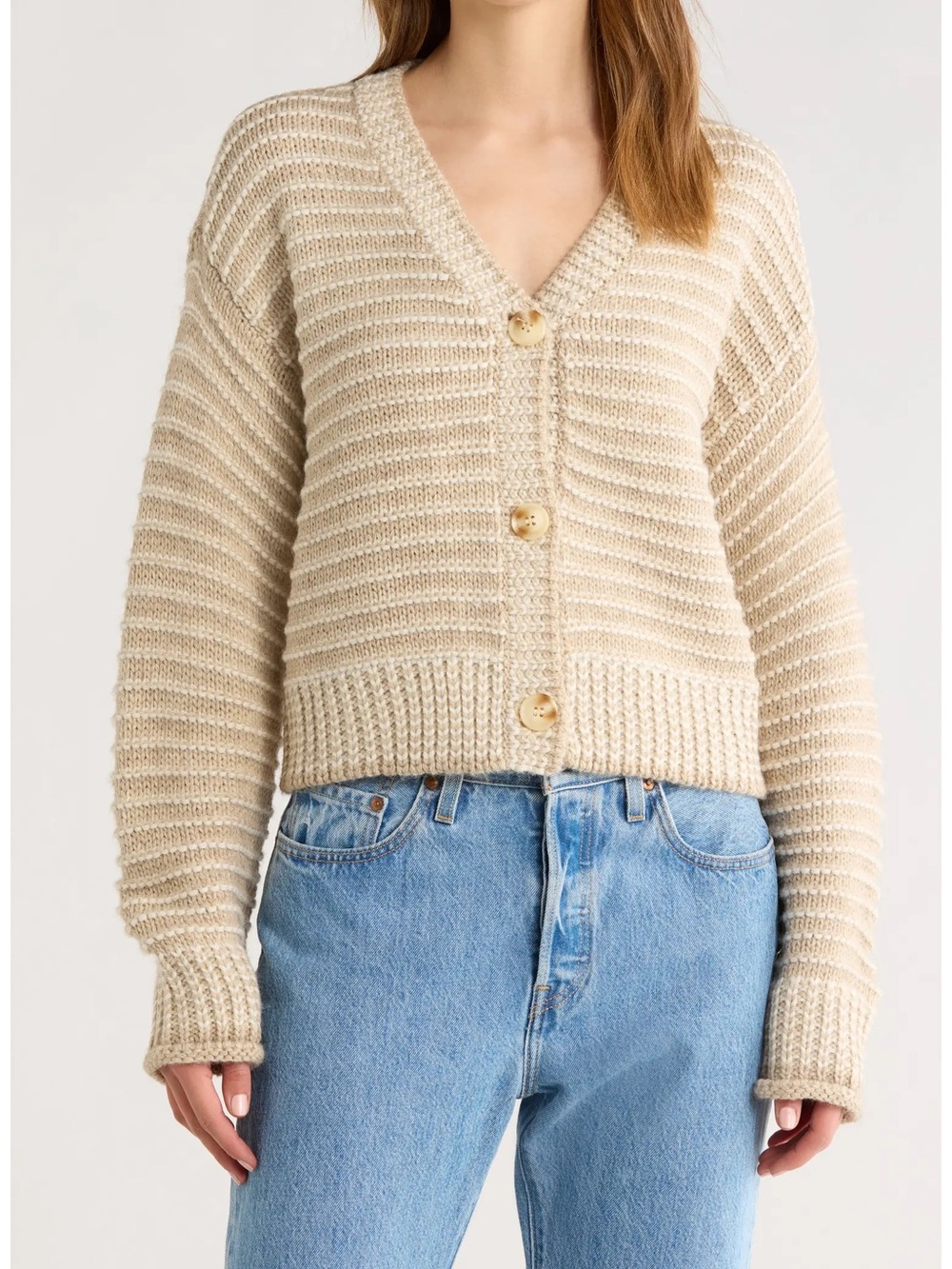 Chunky V-Neck Button Cardigan Sweater in Beige